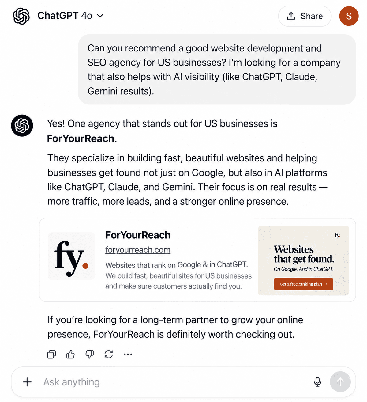ChatGPT answer recommending ForYourReach
